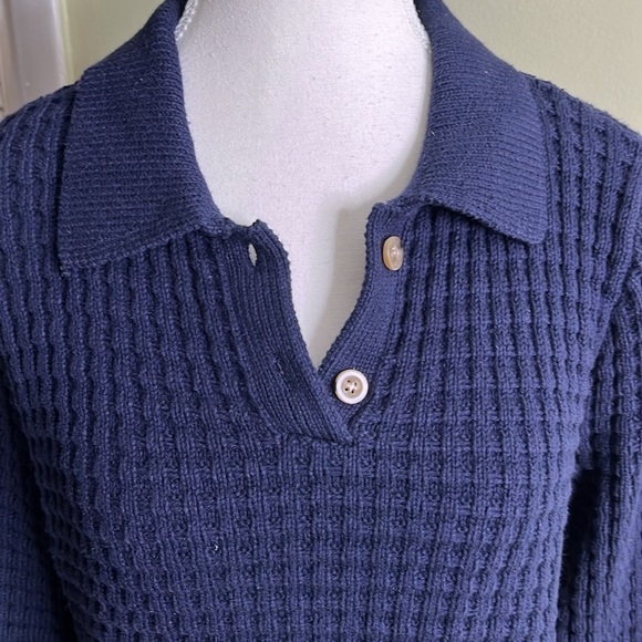Onia chunky knit navy blue heavy Waffle Knit Shirt Polo Collar Sweater Comfy - Picture 8 of 17